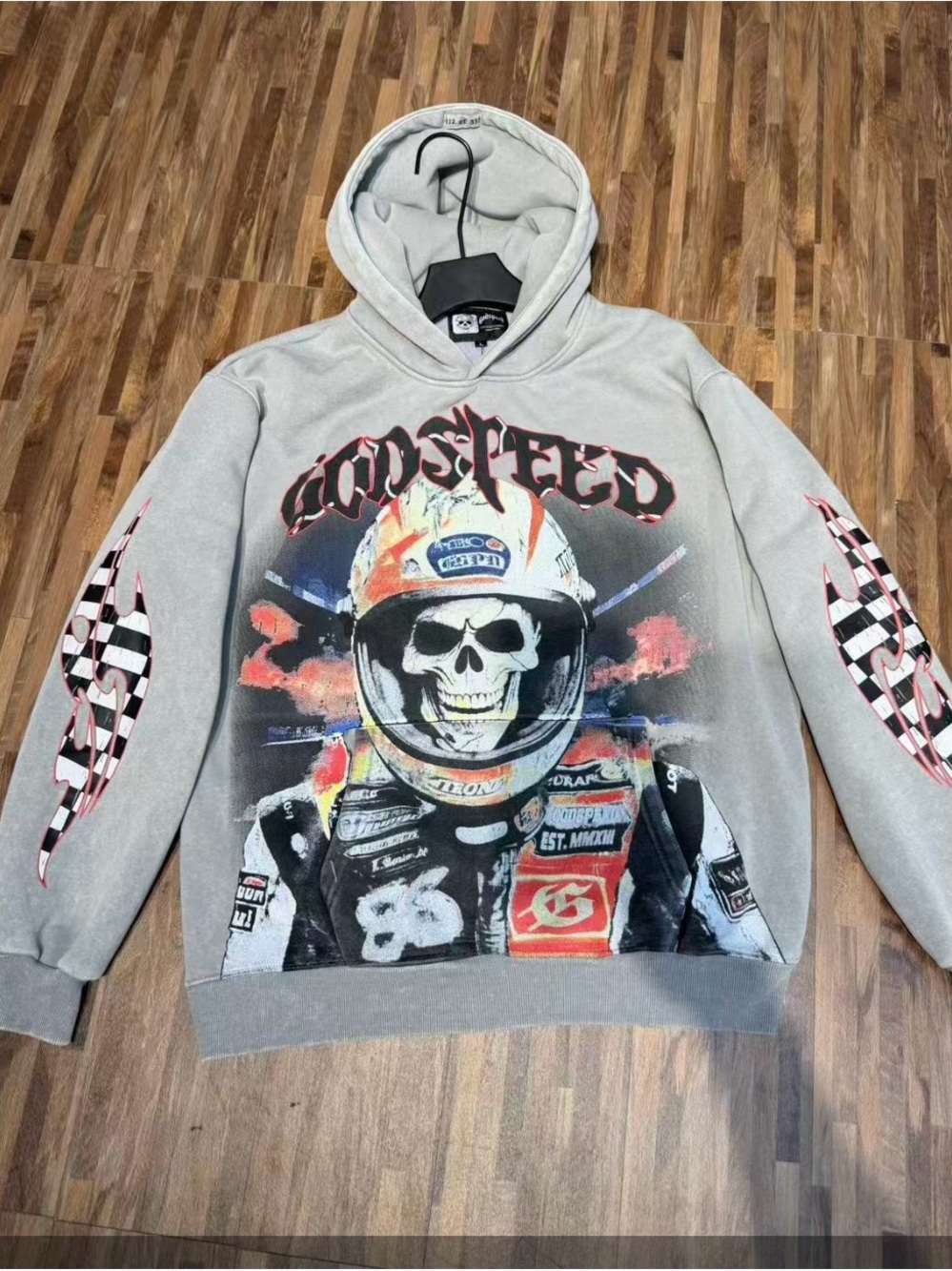 Skull Racer Graphic Hoodie - Gray